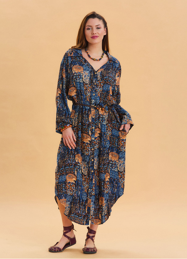 Shirt Collar Belt Detailed Blue Bohemian Dress 4451